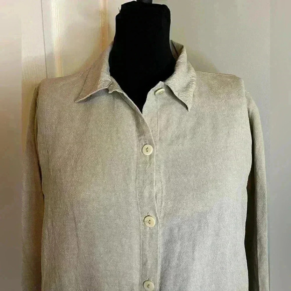 Eileen Fisher Vintage 100% Linen Womens M Beige Button Front Pockets Tunic Top - Picture 7 of 10